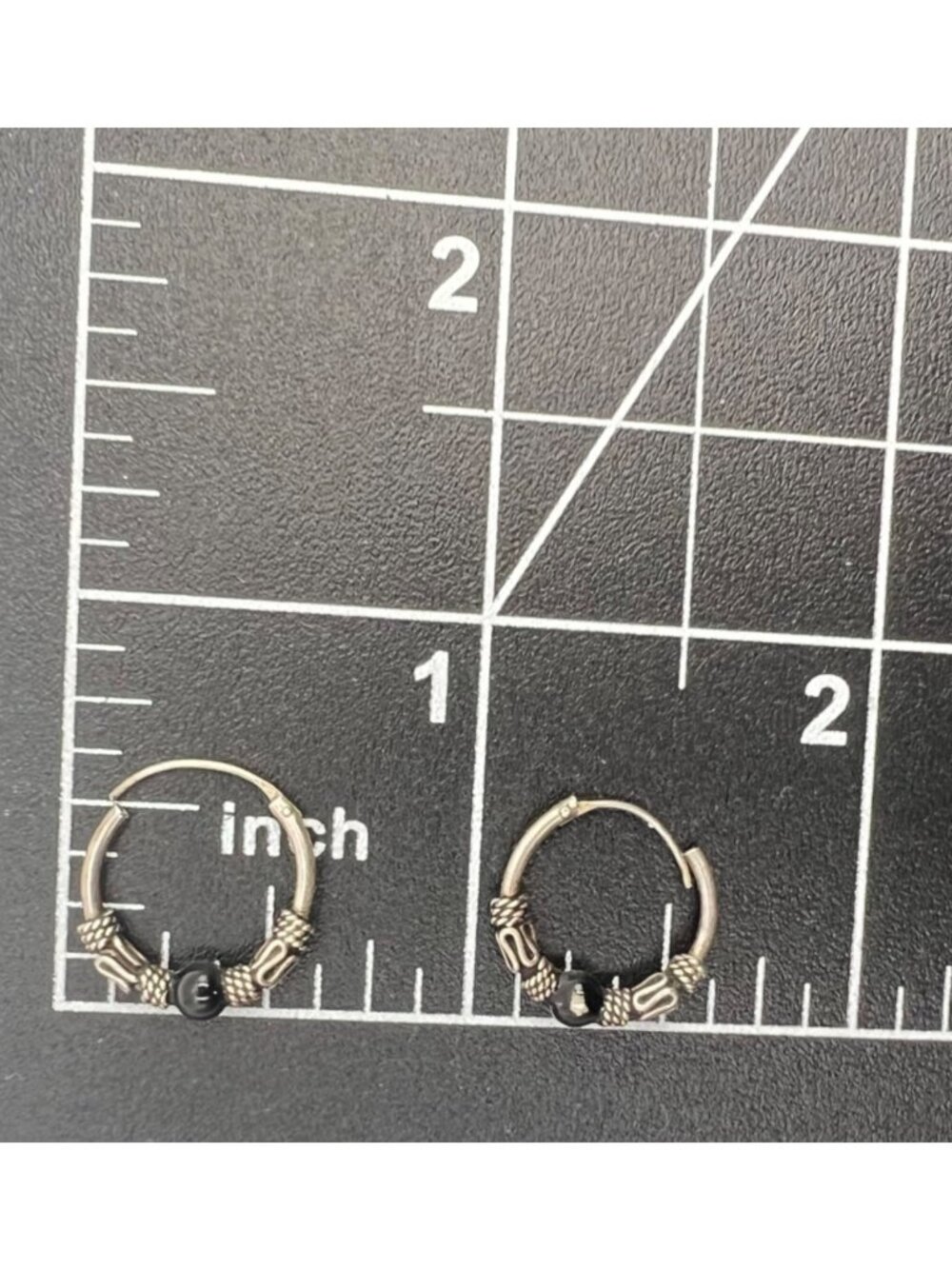 Bali Style Sterling Silver Hoop Earrings Oxidized Black Accent Bead .5" - Picture 6 of 8